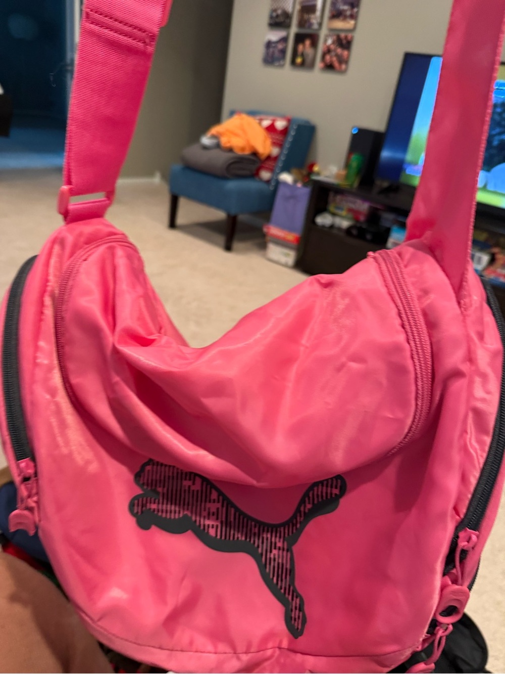 Puma Hot Pink Shoulder Bag with Black Logo many pockets in excellent condition